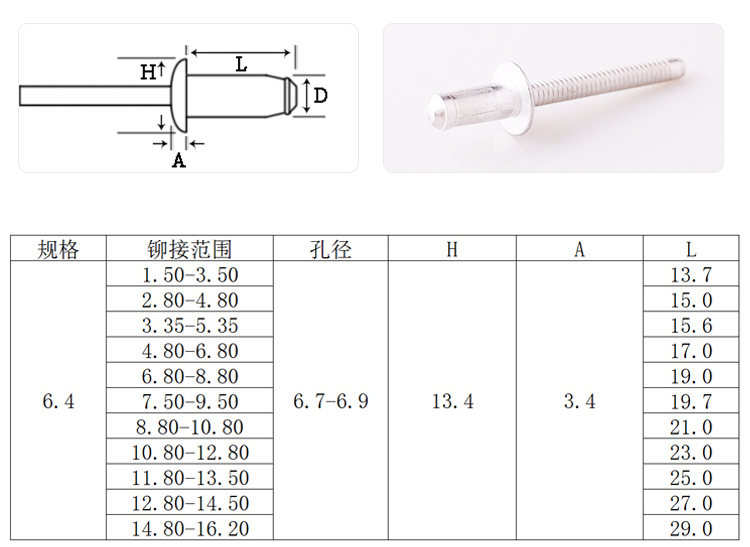 海马钢结构铝抽芯铆钉规格图