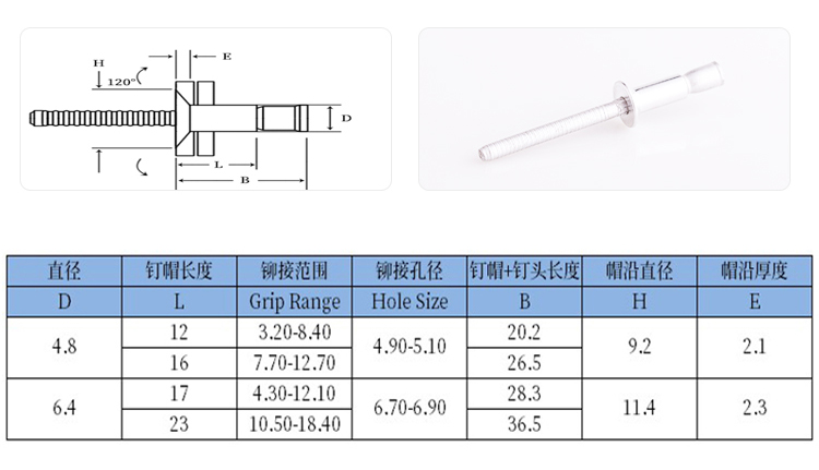 口杯拉丝沉头全铝抽芯铆钉规格图