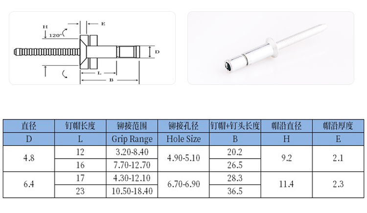 口杯拉丝沉头全铁抽芯铆钉规格图