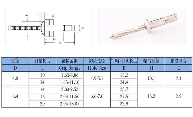 口杯拉丝圆头全不锈钢抽芯铆钉规格图